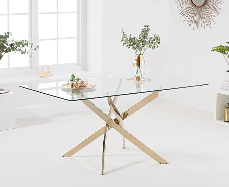160cm Rectangular Glass Gold Leg Dining Table