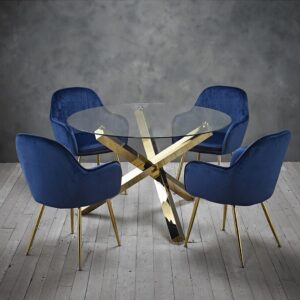 Gold Dining Table: 4 blue velvet dining chairs with gold legs