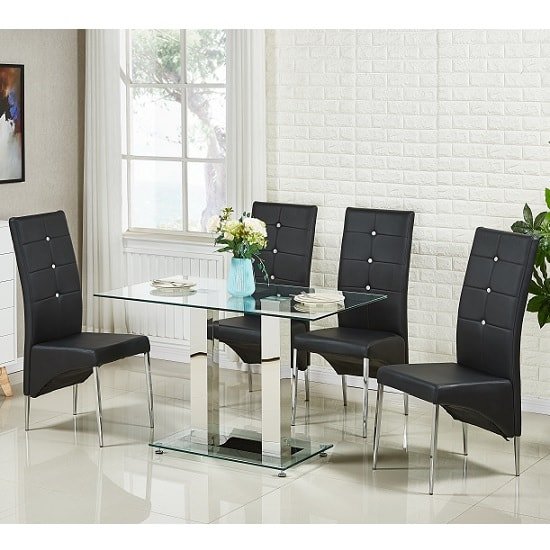 Jet Small Glass Dining Table In Clear With 4 Vesta Black Chairs 519 95 Go Furniture Co Uk